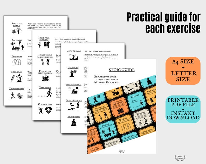 Daily Stoicism Tool to Improve your Life, Stoic Training Board, Stoic Goals Board printable, Stoicism activities to reflect, Stoic Virtues, Exercises of Stoicism on Stoic Training Board to train Stoicism Basics, 30 Stoicism Exercises