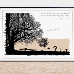 Può includere: Silhouette in bianco e nero di alberi e una panchina in un cimitero con una citazione di Seneca: "Perché non è la morte che un uomo dovrebbe temere, ma piuttosto il fatto di non iniziare mai a vivere."