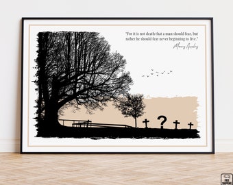 May include: Black and white silhouette of trees and a bench in a graveyard with a quote by Seneca: "For it is not death that a man should fear, but rather he should fear never beginning to live."