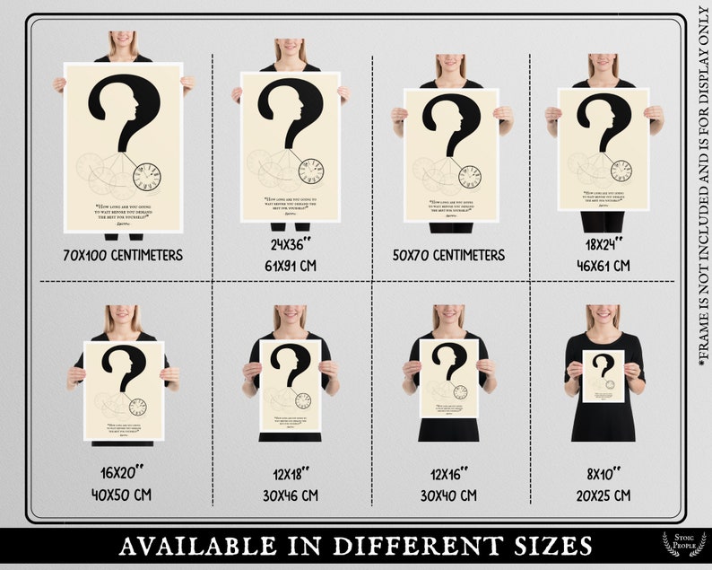 May include: A printable poster with a question mark and a clock, with the text "How long are you going to spend your life waiting for the right time to do the things you want to do? The best time for you is now."  The poster is available in 8 different sizes, ranging from 8x10 inches to 70x100 centimeters.