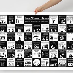 May include: Black and white poster with a grid of 50 squares, each containing a different Stoic exercise. The poster is titled "Stoic Workout Board: 50 Stoic Exercises to Practice Stoicism".