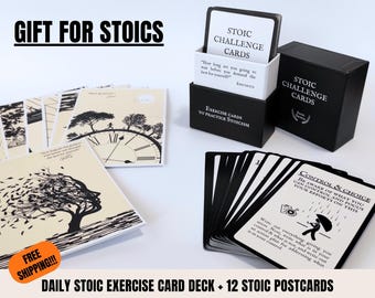 May include: A set of black and white cards with the text "Stoic Challenge Cards" and "Exercise Cards to Practice Stoicism". The cards are in a black box with the same text. There are also 12 black and white postcards with images and quotes. The text "Free Shipping!!" is in a bright orange box. The text "Daily Stoic Exercise Card Deck + 12 Stoic Postcards" is at the bottom of the image.