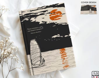May include: A black and white illustration of a person windsurfing on a wave with a sunset in the background. The quote "Give yourself a gift, the present moment." by Marcus Aurelius is printed on the cover.