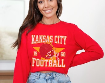 Unisex Distressed Kansas City Football Crewneck Long Sleeve T-Shirts, Sports Fan Gift, Vintage Style 1