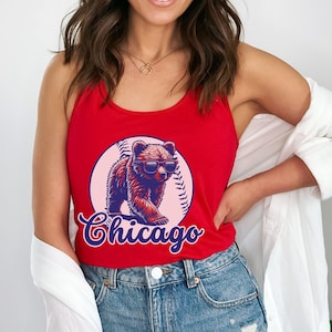Womens Slim Fit Chicago Baseball Racerback Tank Top, Ladies Sleeveless Top, Gift For Sports Fan, Game Day Outfit, Large Baseball Glasses