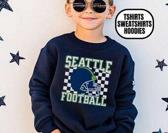 Youth Checkered Seattle Football Apparel, Boys & Girls Tees Crewneck Sweatshirts Hoodies, Sports Fan Gift, Kids Game Day Gear