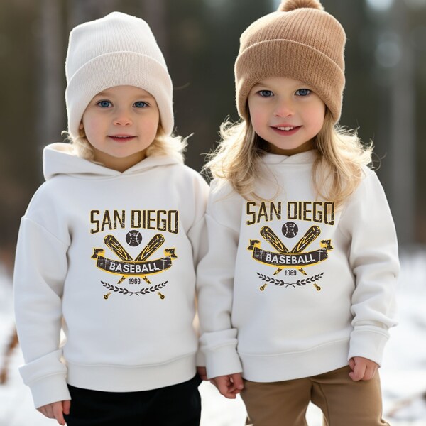 Toddler Vintage Style San Diego Baseball Shirt Hoodie Long Sleeve T-shirt, Kids Gift For Sports Fan Game Day Gear Outfit