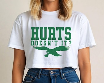 Womens Philadelphia Football Crop Top, Sports Cropped Tees/Tanks, Sports Fan Gift, Ladies Game Day Outfit, Hurts Doesn't It