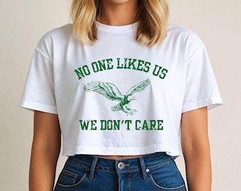 Womens Distressed Crop Philadelphia Football Top, Sports Cropped Tee, Gift For Sports Fan, Ladies Game Day Top, No One Likes Us We Dont Care