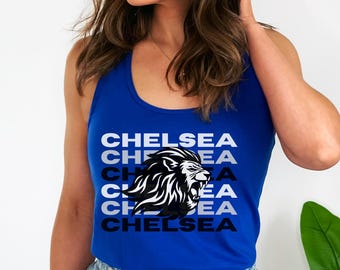 Womens Slim Fit Chelsea Racerback Tank Top, Ladies UK Soccer Sleeveless Tee, Gift For  Sports Fan, Football Game Day Gear, Lion Echo