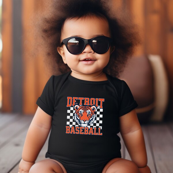 Infant Checkered Detroit Baseball Bodysuit, Baby Game Day Apparel Tee , Boys & Girls Tshirt, Gift For Sports Fan, Kids Game Day Gear Outfit