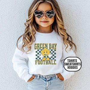 Youth Checkered Green Bay Football Apparel, Boys & Girls Tee/Crewneck Sweatshirt/Hoodie, Gift For Sports Fan, Kids Game Day, Cheese Mascot