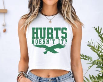 Womens Philadelphia Football Crop Top, Sports Cropped Tees/Tanks, Sports Fan Gift, Ladies Game Day Outfit, Hurts Doesn't It