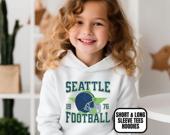 Toddler Distressed Vintage Style Seattle Football Apparel, Apparel, Boys/ Girls Long & Short Sleeve Tees Hoodies, Kids Gift For Sports Fan