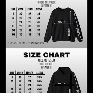 K&ouml;nnte beinhalten: Eine Gr&ouml;&szlig;entabelle f&uuml;r Gildan Unisex-Sweatshirts mit Rundhalsausschnitt und Kapuze. Die Tabelle zeigt die Ma&szlig;e in cm f&uuml;r Breite, L&auml;nge und &Auml;rmell&auml;nge, von Gr&ouml;&szlig;e S bis 3XL. Der Text "SIZE CHART" steht oben.