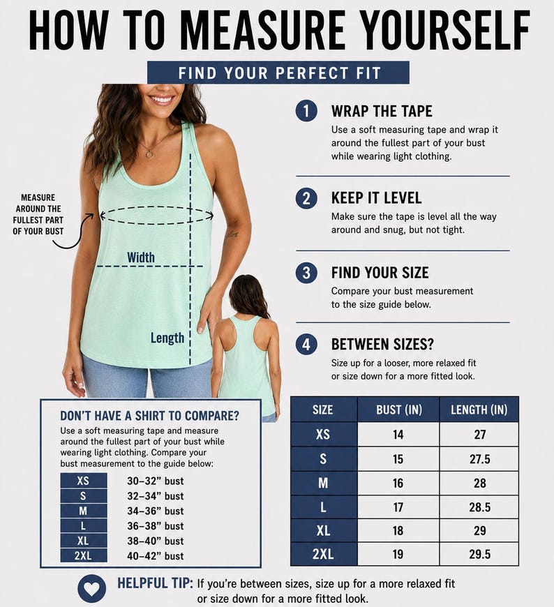 Pu&ograve; includere: Un grafico didattico intitolato HOW TO MEASURE YOURSELF con testo che spiega come trovare la taglia. Presenta una canotta verde chiaro, diagrammi per le misure di larghezza e lunghezza e una tabella delle taglie in pollici.