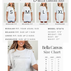 K&ouml;nnte beinhalten: Ein Bella Canvas 3001 Gr&ouml;&szlig;enratgeber mit Gr&ouml;&szlig;entabellen und Modelldaten. Der Ratgeber zeigt, wie die Shirts passen: normal, relaxed, locker und oversized. Das Model ist 165 cm gro&szlig;, wiegt 59 kg, mit 91 cm Brustumfang und 69 cm Taille.