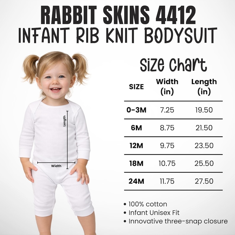 Puede incluir: Un body de punto acanalado blanco de manga larga para beb&eacute;, modelo Rabbit Skins 4412. La imagen incluye una tabla de tallas con medidas de ancho y largo en pulgadas para tallas de 0-3M a 24M, 100% algod&oacute;n y cierre de tres broches.