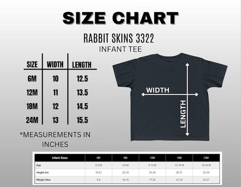 Puede incluir: Una tabla de tallas para una camiseta de beb&eacute; Rabbit Skins 3322. La tabla muestra medidas de ancho y largo en pulgadas para las tallas 6M, 12M, 18M y 24M. Una segunda tabla proporciona edad, altura en pulgadas y peso en libras para tallas de NB a 24M.