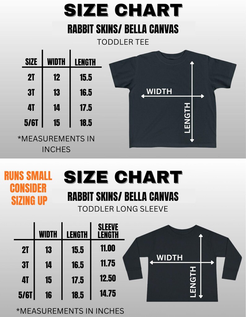 Pu&ograve; includere: Una tabella delle taglie per t-shirt e maglie a maniche lunghe per bambini piccoli Rabbit Skins e Bella Canvas. La tabella mostra larghezza, lunghezza e lunghezza manica in pollici per le taglie da 2T a 5/6T, con nota sulle taglie ridotte.