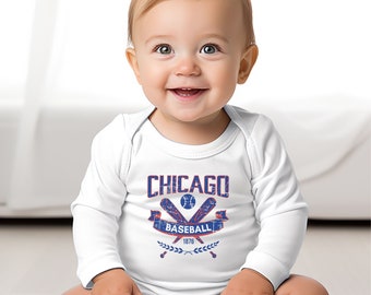 Infant Vintage Style Chicago Baseball Apparel, Newborn Baby Bodysuit and Short Sleeve Shirt, Boys & Girls Game Day Baby Shower Gift