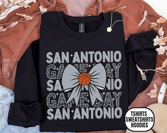 San Antonio Basketball Unisex Apparel, T-shirts/Crewneck Sweatshirts/Hoodies, Gift Sports Fan, Game Day Outfit, Leopard Coquette Bow