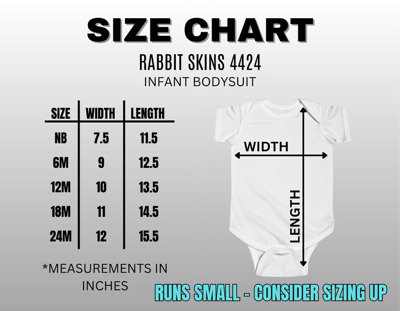 Puede incluir: Una tabla de tallas para un body de beb&eacute; Rabbit Skins 4424, que muestra medidas de ancho y largo en pulgadas para las tallas NB, 6M, 12M, 18M y 24M. El gr&aacute;fico incluye una ilustraci&oacute;n de un body blanco con flechas indicadoras.
