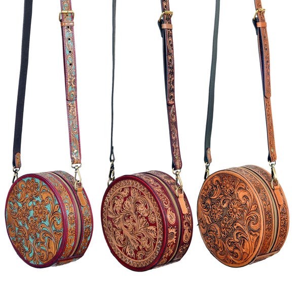 Bolso circular de cuero repujado hecho a mano: bandolera estilo western con estampado floral