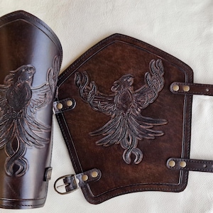 Tooled-Hand Carving Celtic Phoenix Viking leather bracer for LARPS-Medieval Renaissance warrior leather arm cuffs-Leather Armour - Arm Guard