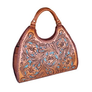 Sacs fourre-tout en cuir sculpté vintage faits à la main, sac à main en cuir pour dames occidentales à sculpture florale, sac pour femme fabriqué à la main