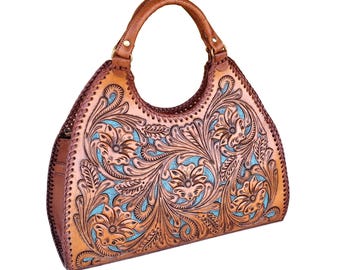 Handmade Vintage Tooled Carving Leather Tote Bags, Floral Carving Western Ladies Leather HandBag, Handcrafted Women bag