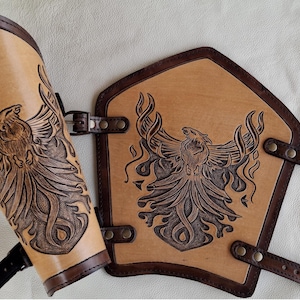 Hand Tooled Celtic Phoenix Leather Bracer: Renaissance LARP Arm Guard