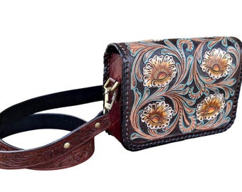 Handmade Tooled Leather Multi Color Sling Bag: Floral Western Design