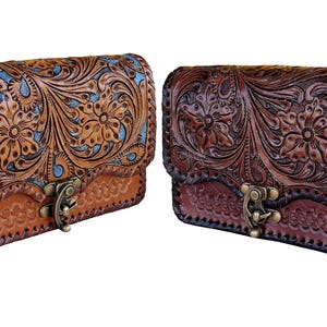 Handgemaakte vintage bewerkte leren rechthoekige slingbag, bloemensnijwerk westerse dames, handgemaakte trendy fashion party damestas