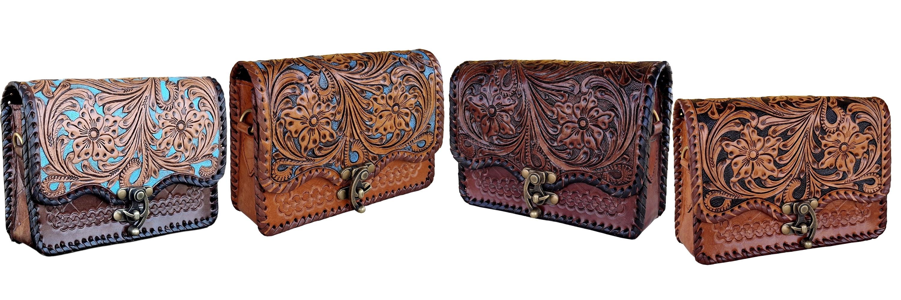 Handmade Vintage Tooled Carving Leather Rectangle Slingbag, Floral Carving Western Ladies, Handcrafted trendy Fashion Party Women's bag