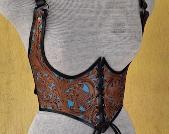 Wester Cowboy Tooled carving Medieval-Viking Leather Under-bust Corset, Gothic, LARP Handmade Armor Leather Corset