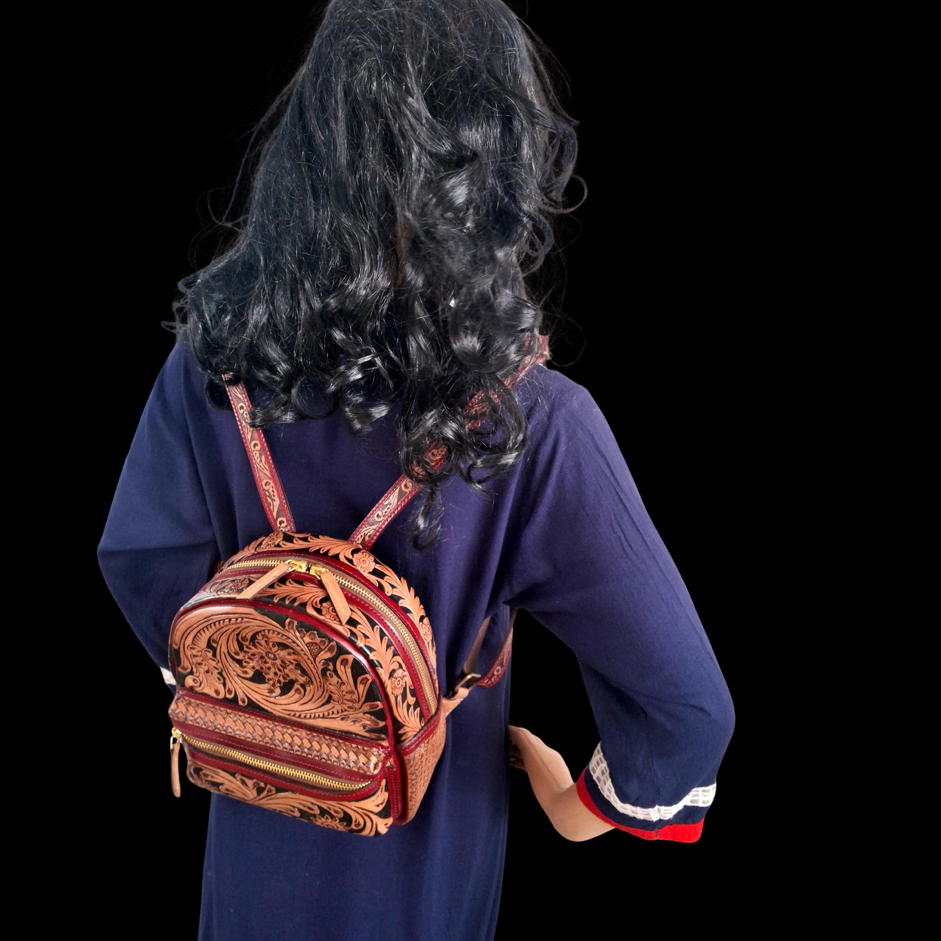 Hand-Tooled Floral Doll Leather Backpack - Brown Handmade Tooled Carving Leather Backpack: Vintage Floral  main image 3