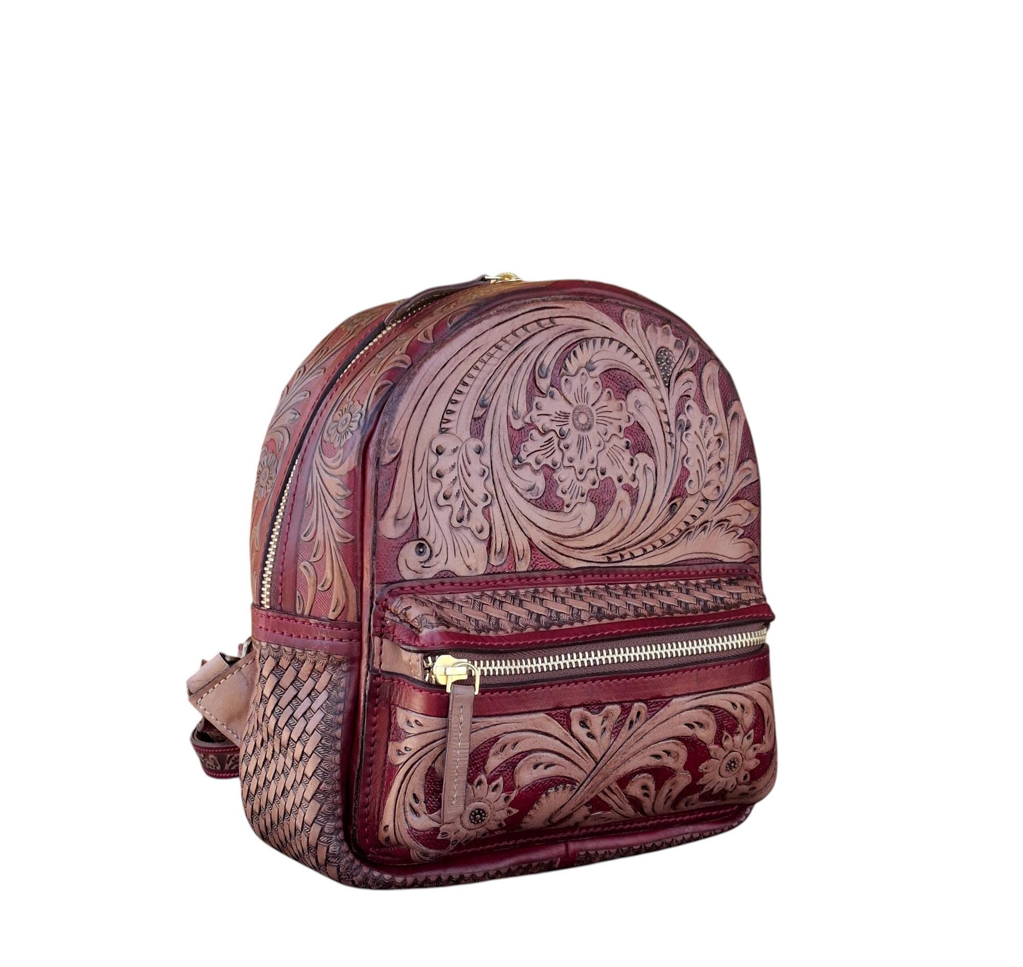 Handmade Tooled Leather Backpack: Vintage Floral Western Bag  display picture 1