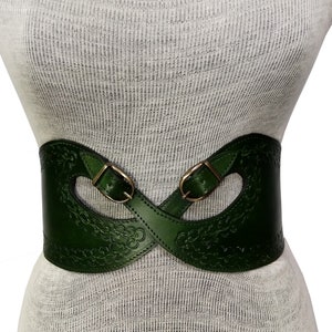 Green Medieval Leather Corset Belt, Viking Handmade Leather Corset Belt for LARP, Tooled Handmade Leather Corset Belt