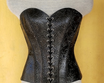Gothic, Steampunk Embossed Floral Design Black Medieval-LARP Handmade Leather Armour Corset, Viking Over-bust Corset