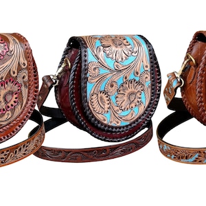 Handgemaakte vintage bewerkte leren slingbag, bloemensnijwerk western dames rond, handgemaakte trendy fashion party damestas