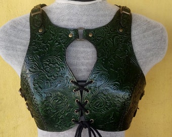 Shieldmaiden Warrior Armor Embossed Floral Design Green Leather Female Viking Chest-plate LARP cosplay medieval