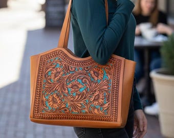 Met de hand bewerkte leren draagtas: handtas met western bloemensnijwerk