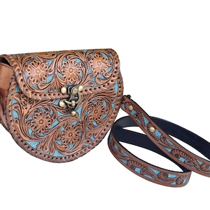 Handgemaakte vintage bewerkte leren slingbag, bloemensnijwerk westerse leren damestas, handgemaakte trendy fashion party damestas