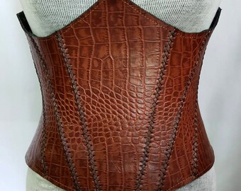 Viking Leather Corset, Antique Brown Crocodile Printed  Leather Corset, Medieval Leather Corset for LARP, Under-burst Leather Corset