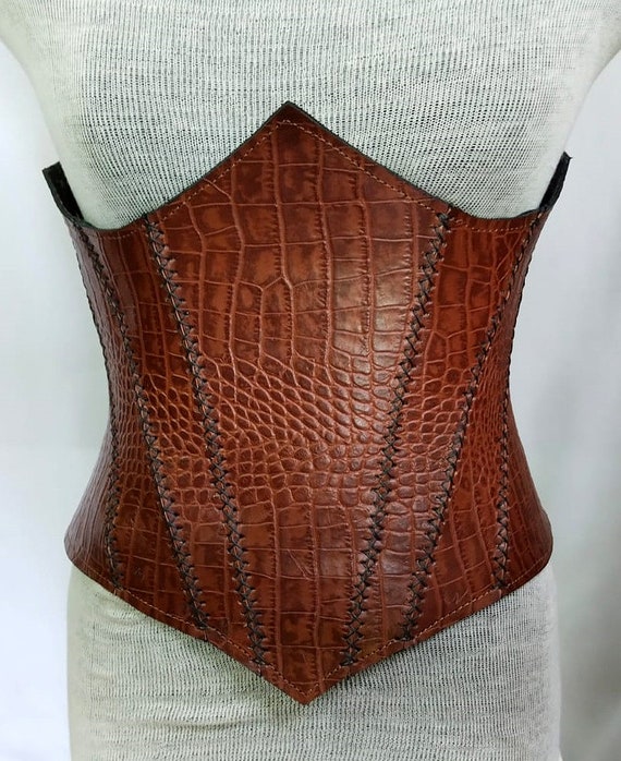 Viking Leather Corset, Antique Brown Crocodile Printed Leather