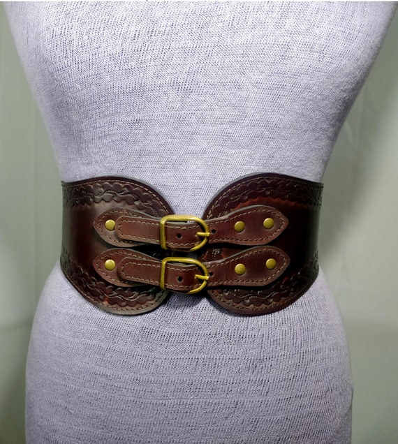 Brown Medieval Leather Corset Belt, Handmade Medieval Leather Corset Belt  for LARP, Tooled Handmade Leather Corset Belt 