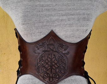 Hand Carved and Tooled Dragon Antique Brown Medieval-LARP Handmade Leather Underbust Corset, Female Viking cosplay Armour with darcarys Name