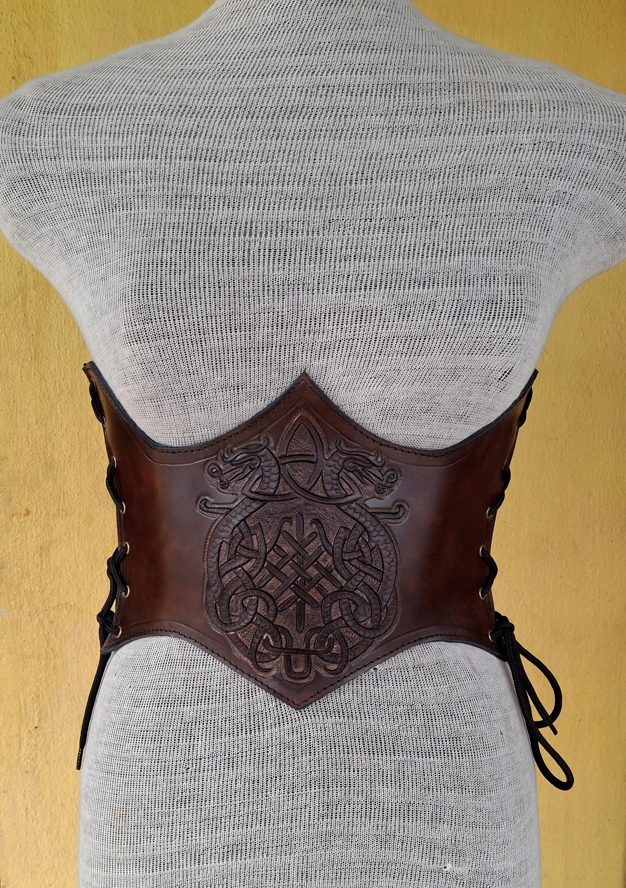 Hand Carved and Tooled Dragon Antique Brown Medieval-LARP Handmade Leather Underbust Corset, Female Viking cosplay Armour