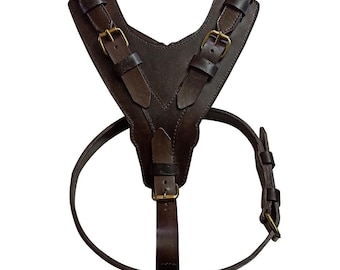 Handmade Leather Dog Harness with Y Front for Guide and Pulling, Fully Adjustable
